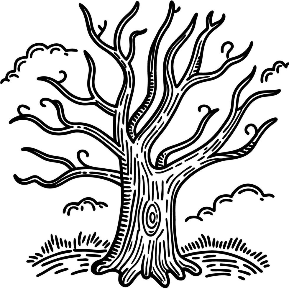 Black and white illustration of a leafless tree, artistic line drawing, detailed nature sketch vector