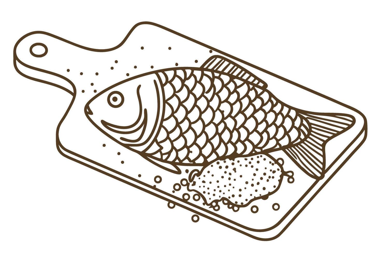 illustration of fish on cutting board with seasoning culinary art, seafood preparation, cooking essentials vector