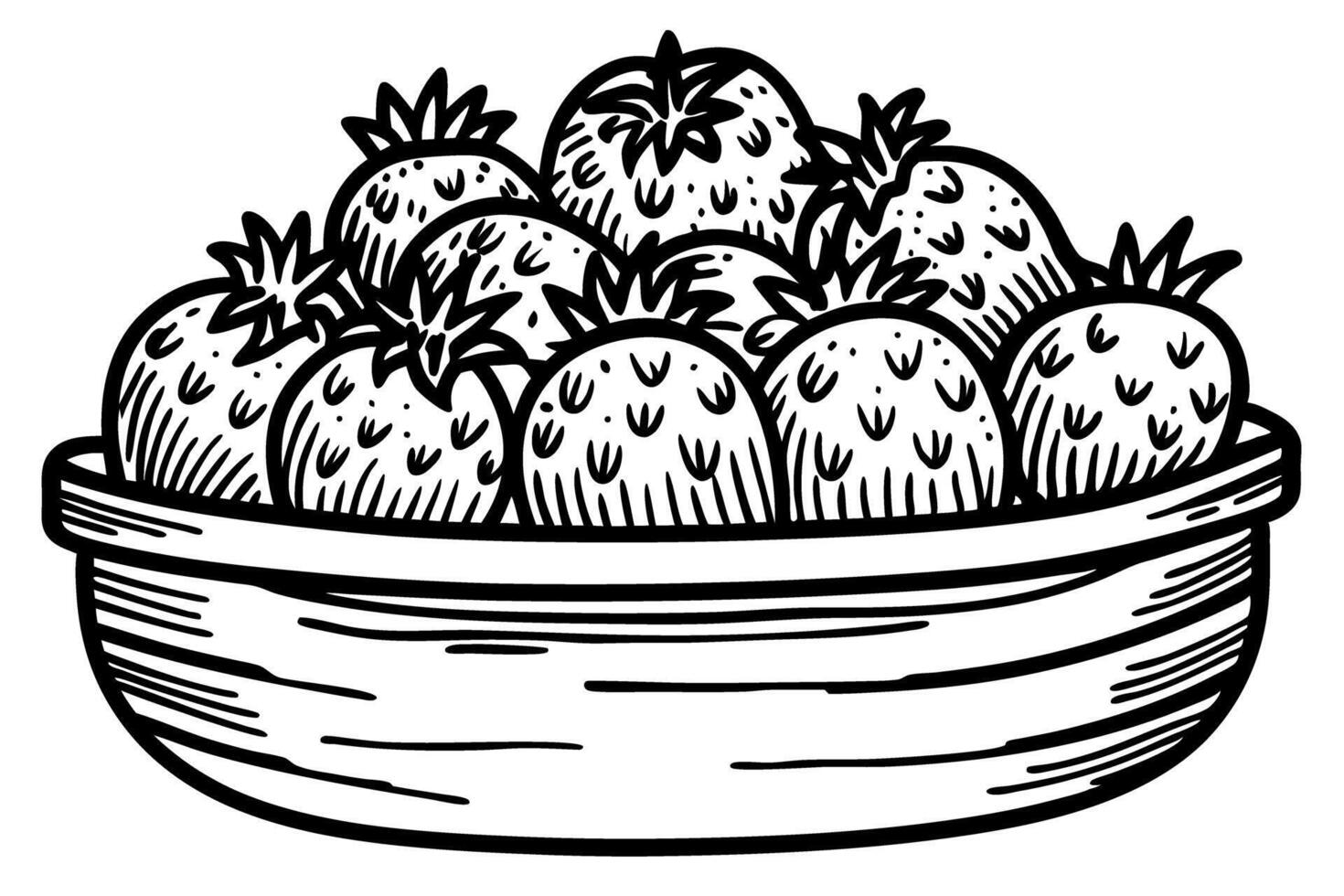 hand drawn strawberries in wooden bowl fresh fruit illustration, rustic food sketch art vector