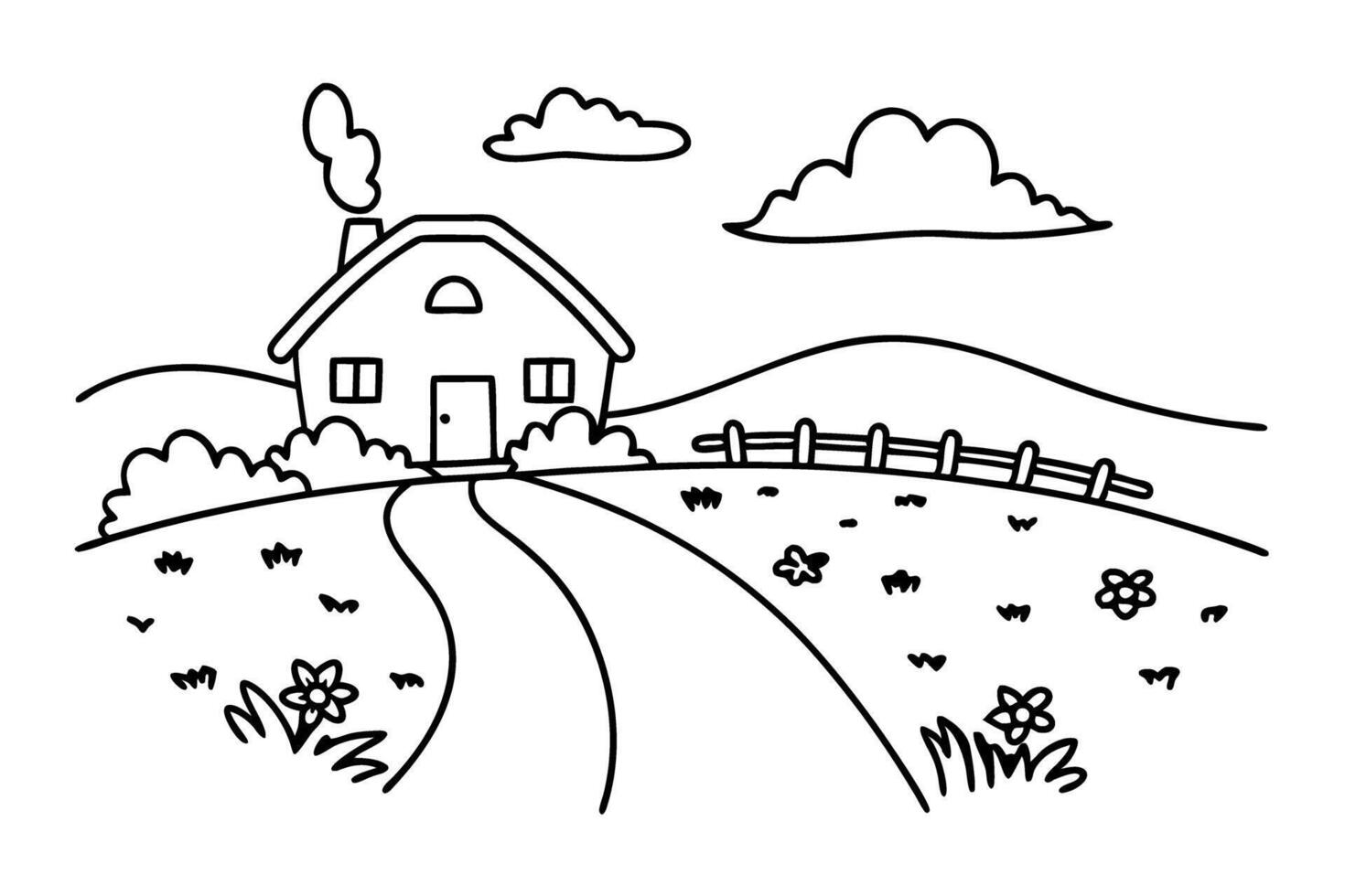 countryside house illustration with fields, flowers, and clouds in a serene landscape scene vector
