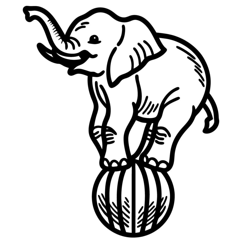 Circus elephant balancing on a striped ball, illustration showcasing agility and entertainment vector