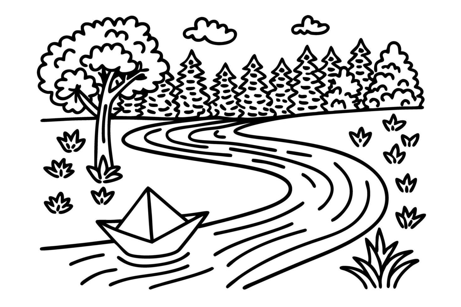 Paper boat sailing in serene river landscape line art drawing with trees and clouds vector