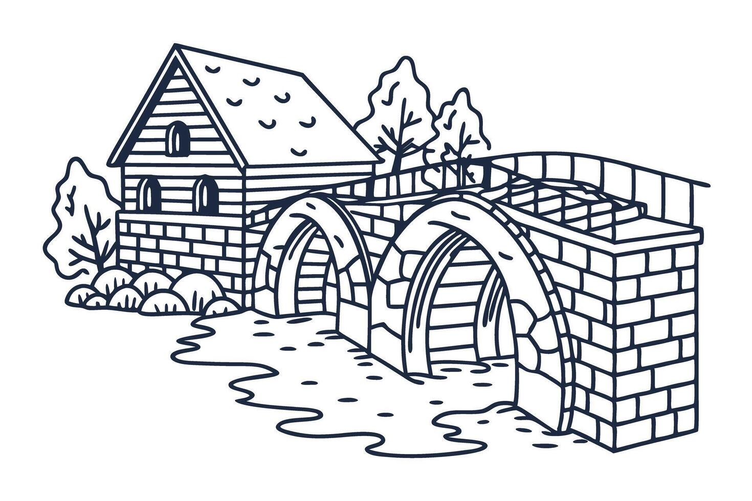 Rustic stone bridge with wooden cottage and river flowing through forest landscape vector
