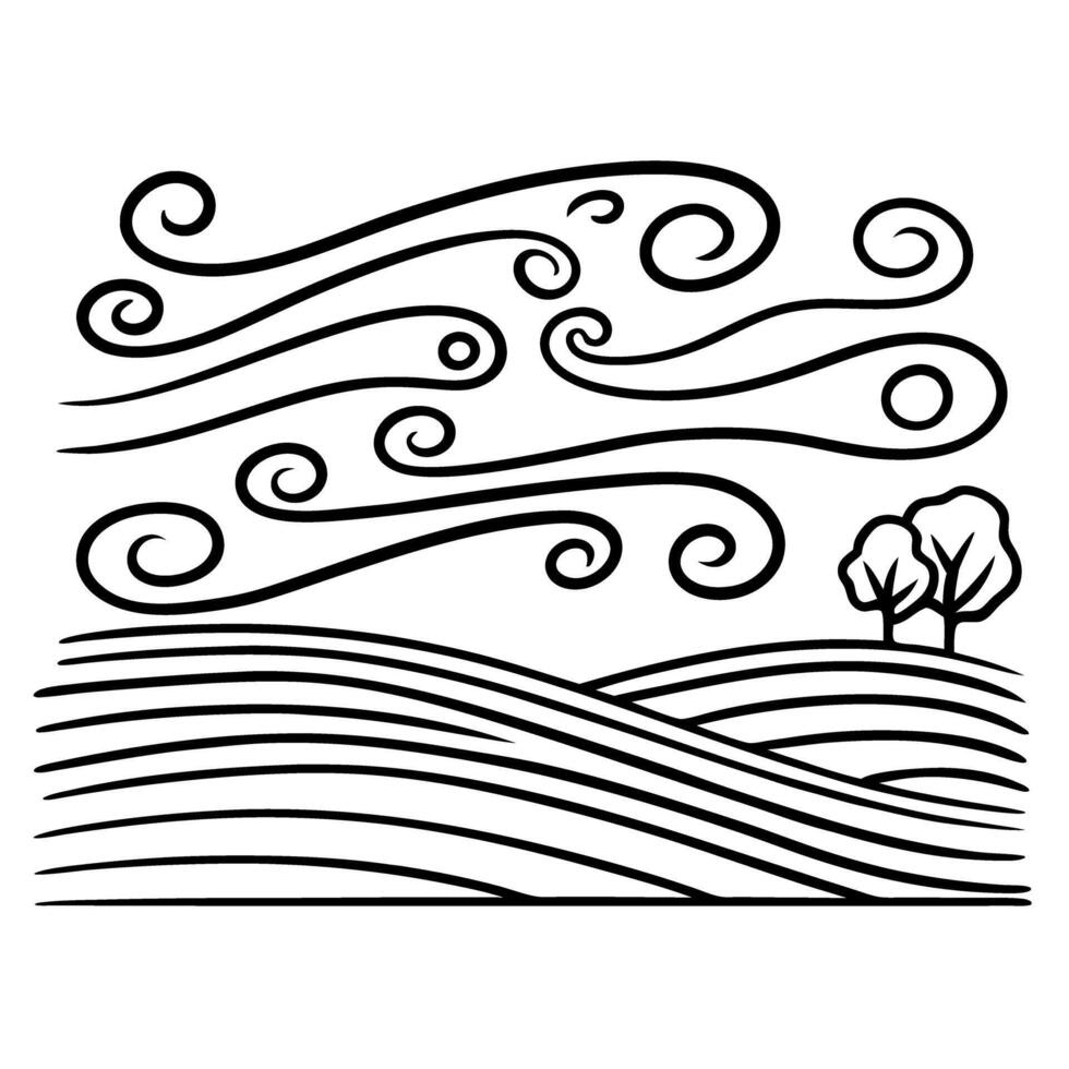 swirling wind patterns over rolling hills and trees in minimalist black and white design vector