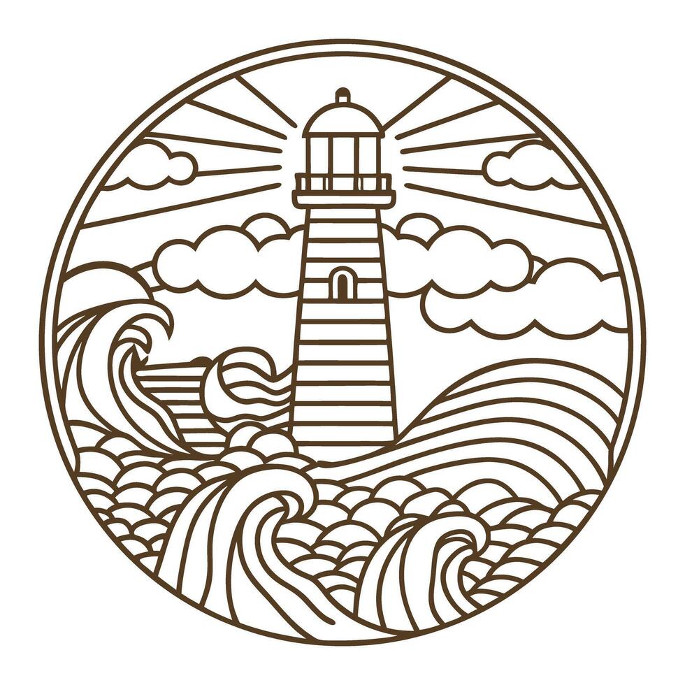 seaside lighthouse line art with waves and clouds coastal nautical illustration in circular design vector