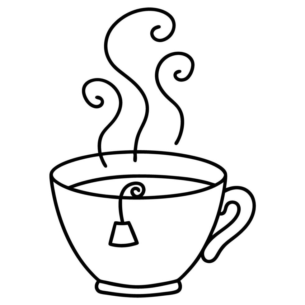 simple black line drawing of a tea cup with steam swirls and a tea bag tag vector