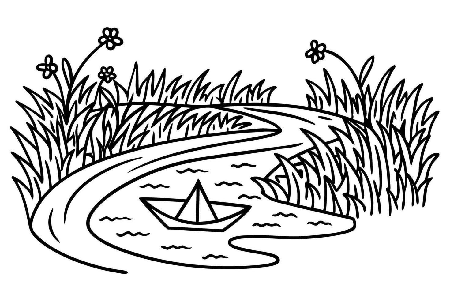 Paper boat in tranquil river with blossoming flowers and lush grass vector