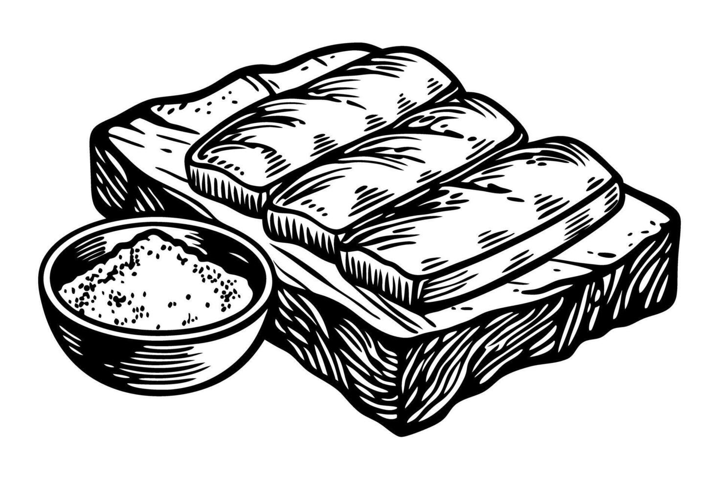 Woodcut grilled pork belly slices with seasoning rustic barbecue illustration with seasoning bowl vector