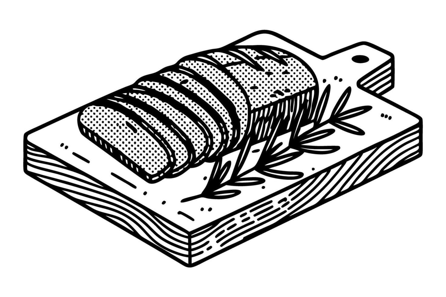 Sliced bread on wood cutting board with herbs, rustic kitchen illustration, black and white vector