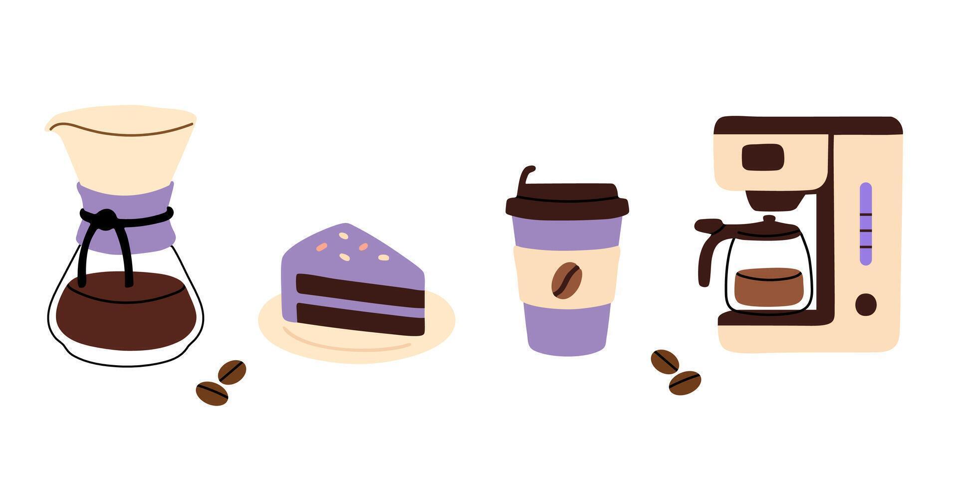 Pour-over coffee tool with cake slice, coffee cup and roasted beans vector