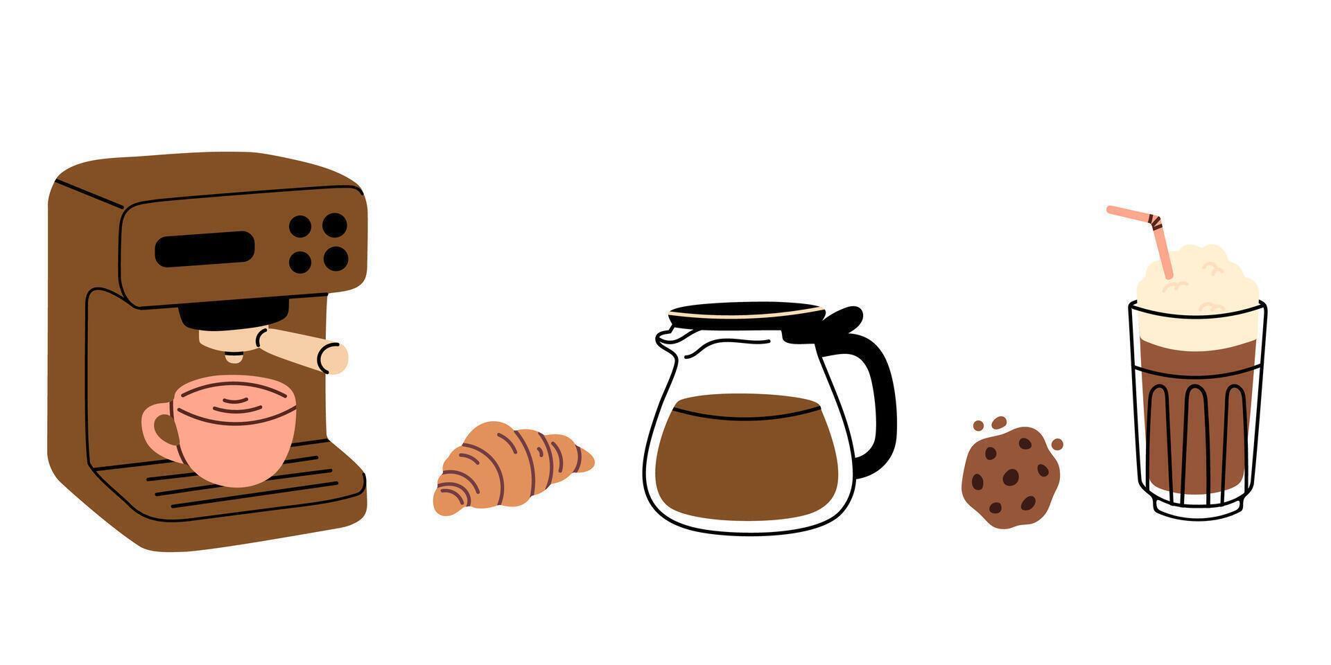 Coffee machine, croissant, jug, cookie and iced drink with straw set vector
