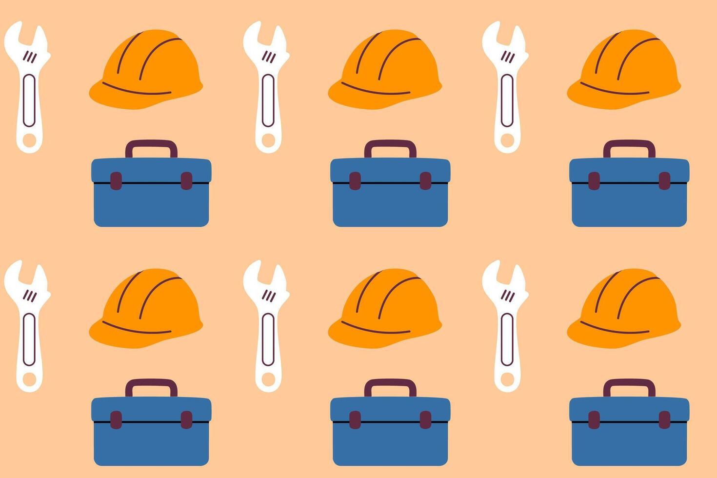 Seamless pattern with helmets, wrenches and toolboxes on orange background vector