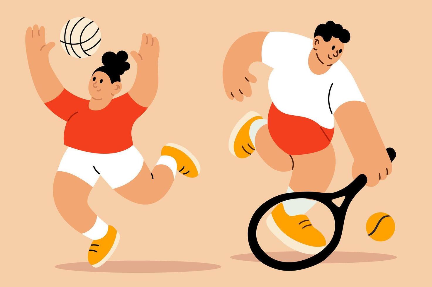 Characters actively playing volleyball and tennis in motion on a beige background vector