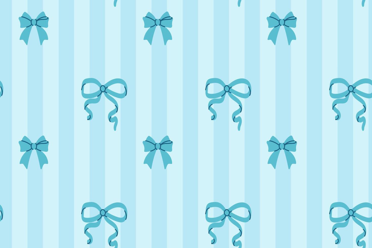 Blue ribbon bows arranged in a repeat pattern over vertical striped light blue background for gift wrapping and decor vector