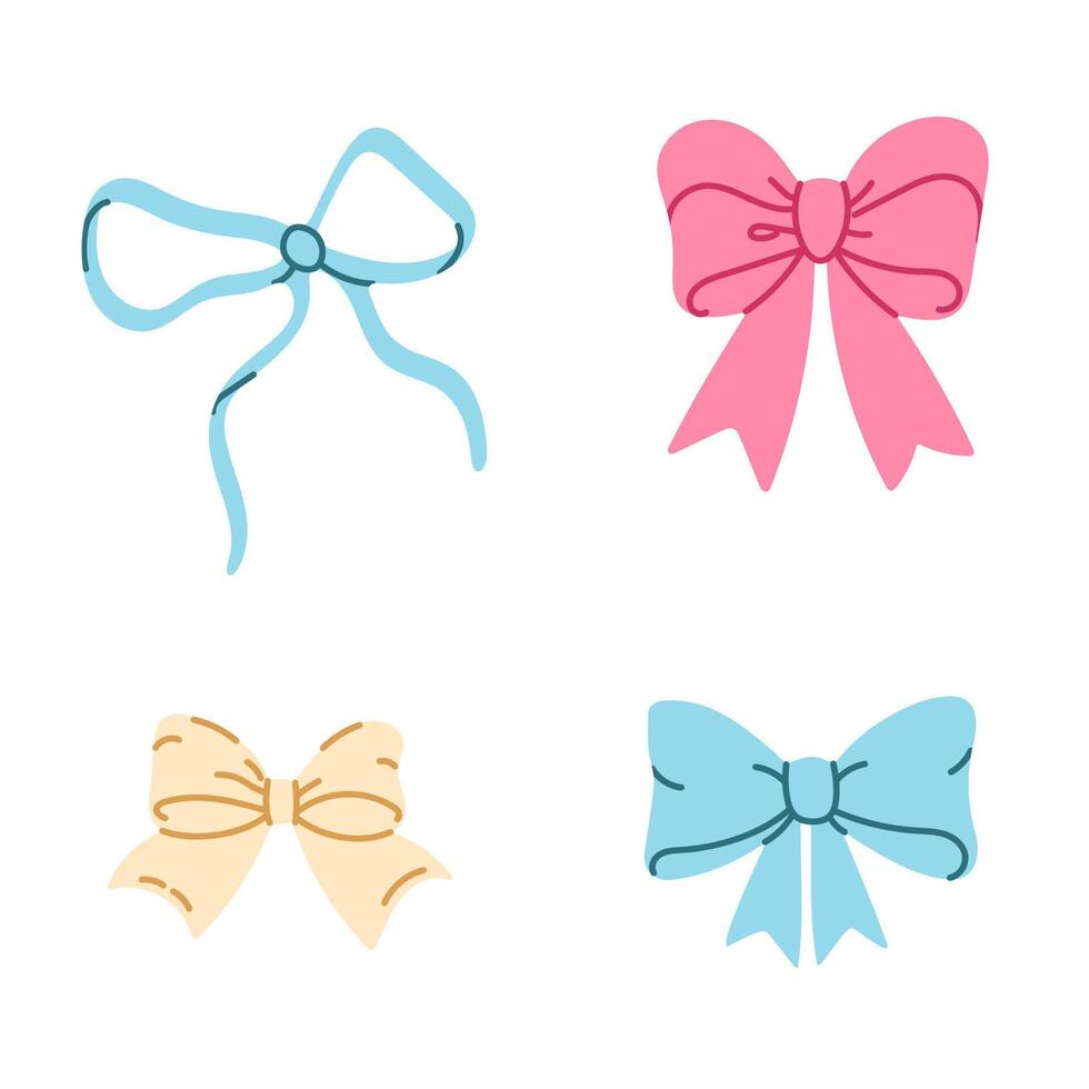 Set of soft pastel bows in pink, blue and yellow, designed with knotted and curved ribbons on a white background vector