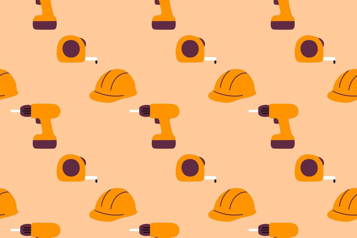Seamless pattern with drills, helmets and tape measures on orange background vector