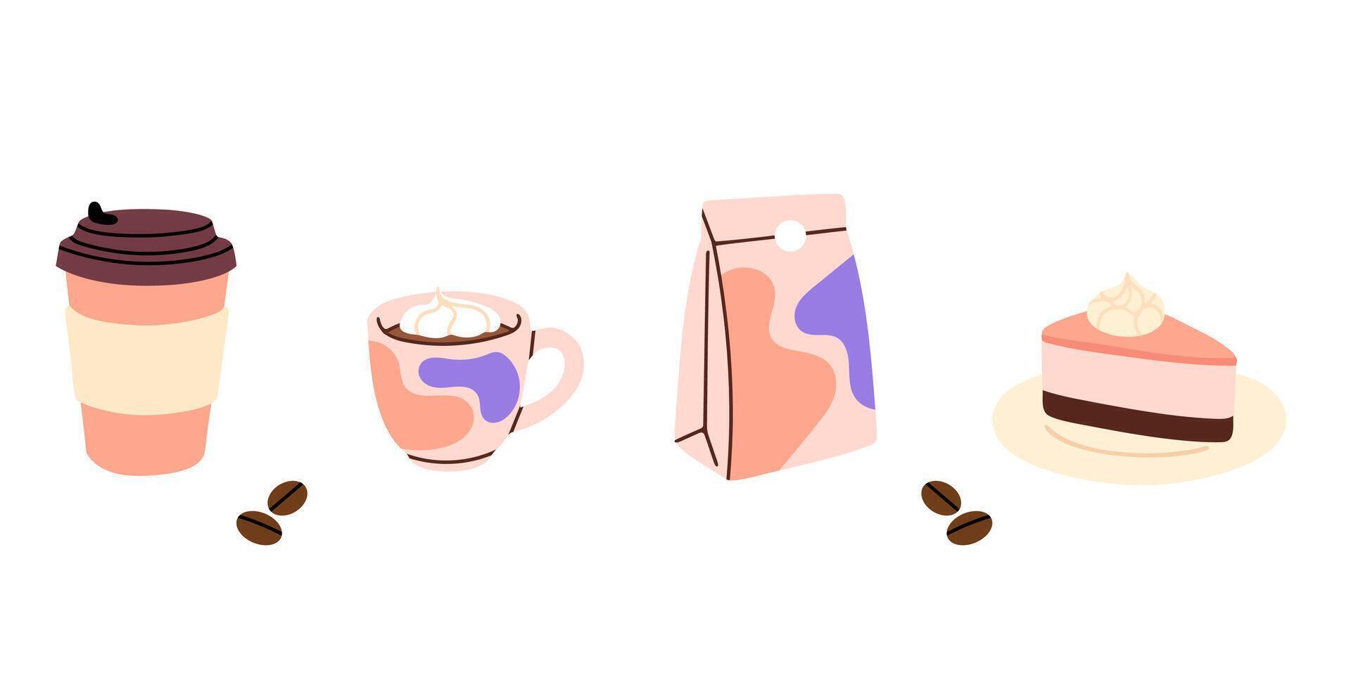Coffee and dessert set with takeaway elements vector