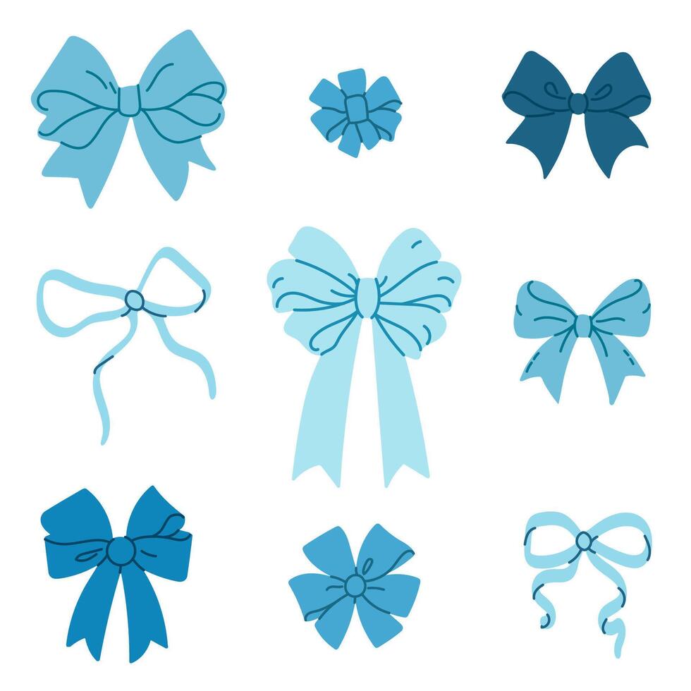 Set of light and dark blue bows featuring elegant curls, folded ribbons, and knotted designs, ideal for wrapping and decoration vector