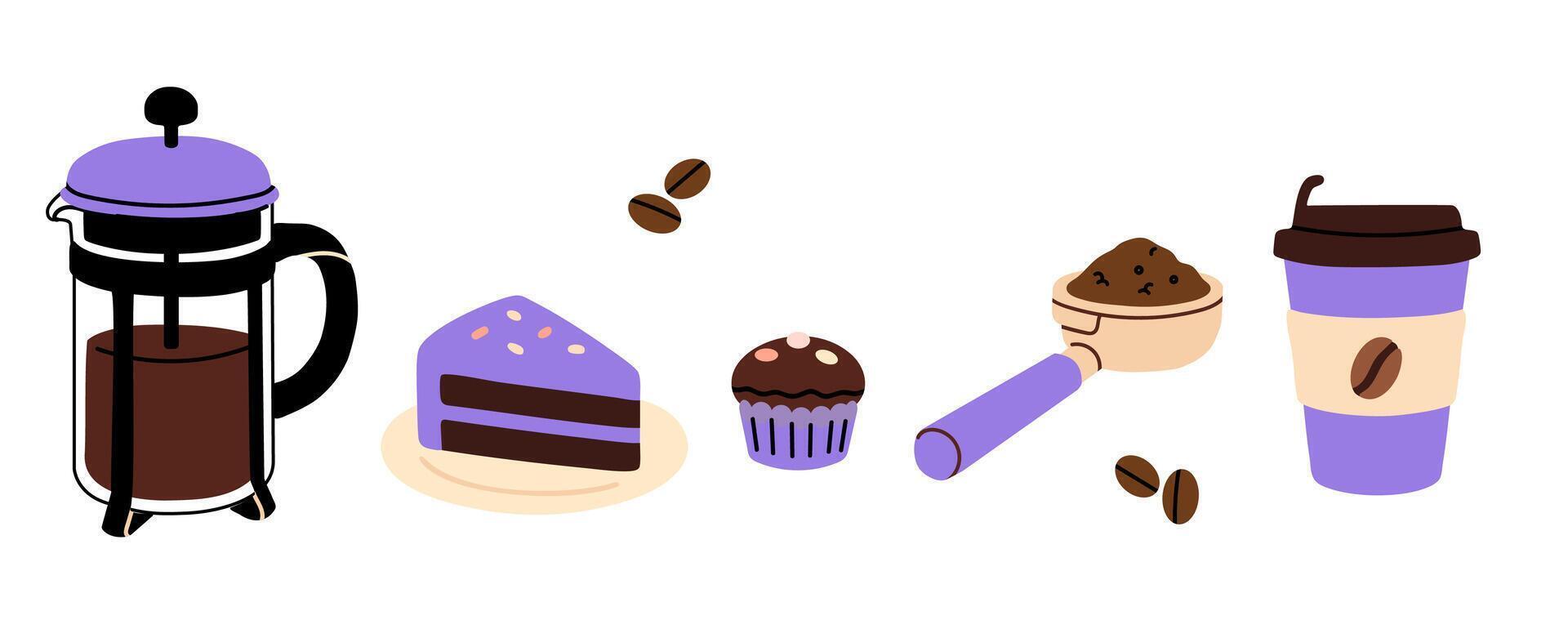 Set of coffee maker, takeaway cups, cake slices, muffins and beans in soft purple tones vector