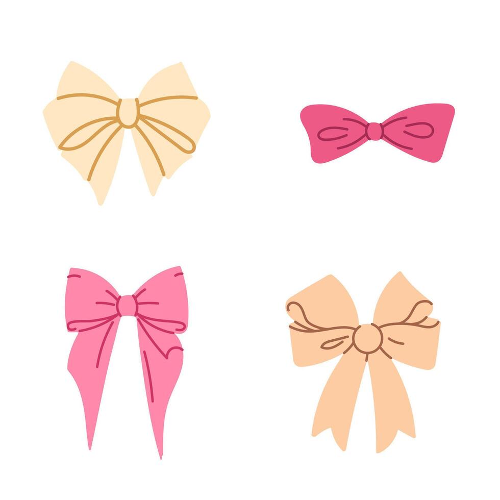 Collection of gift bows in yellow and pink colors with different shapes and ribbon styles, isolated on white background vector