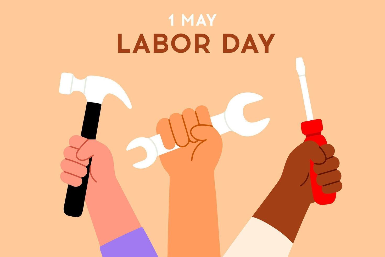 Cartoon illustration of workers' hands holding hammer, wrench, and screwdriver celebrating Labor Day. vector