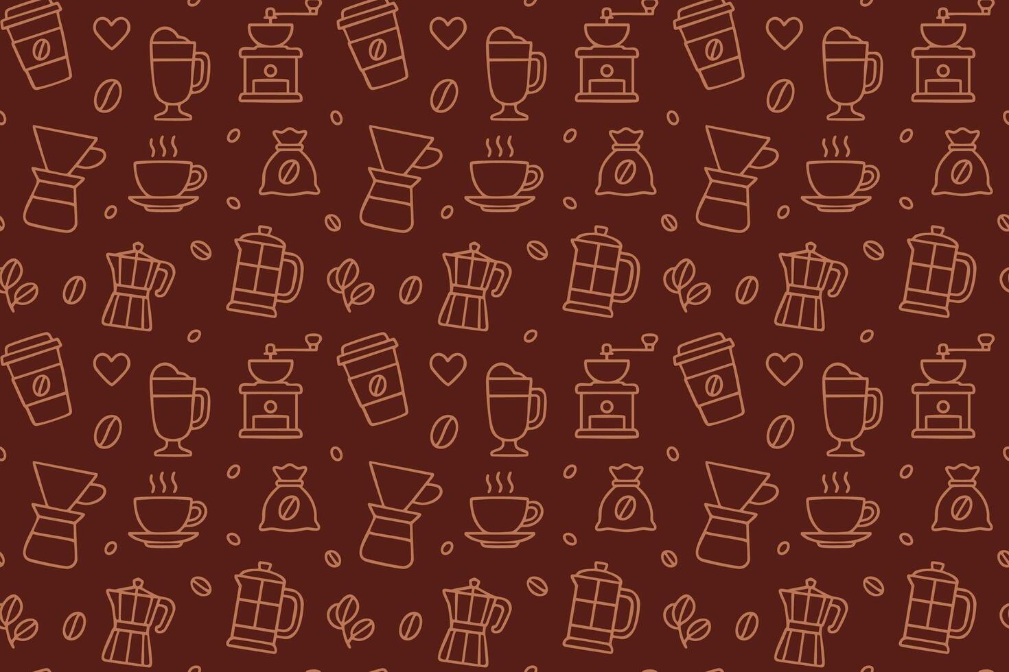 Seamless pattern with coffee cups, grinders, beans and brewing equipment on brown background vector