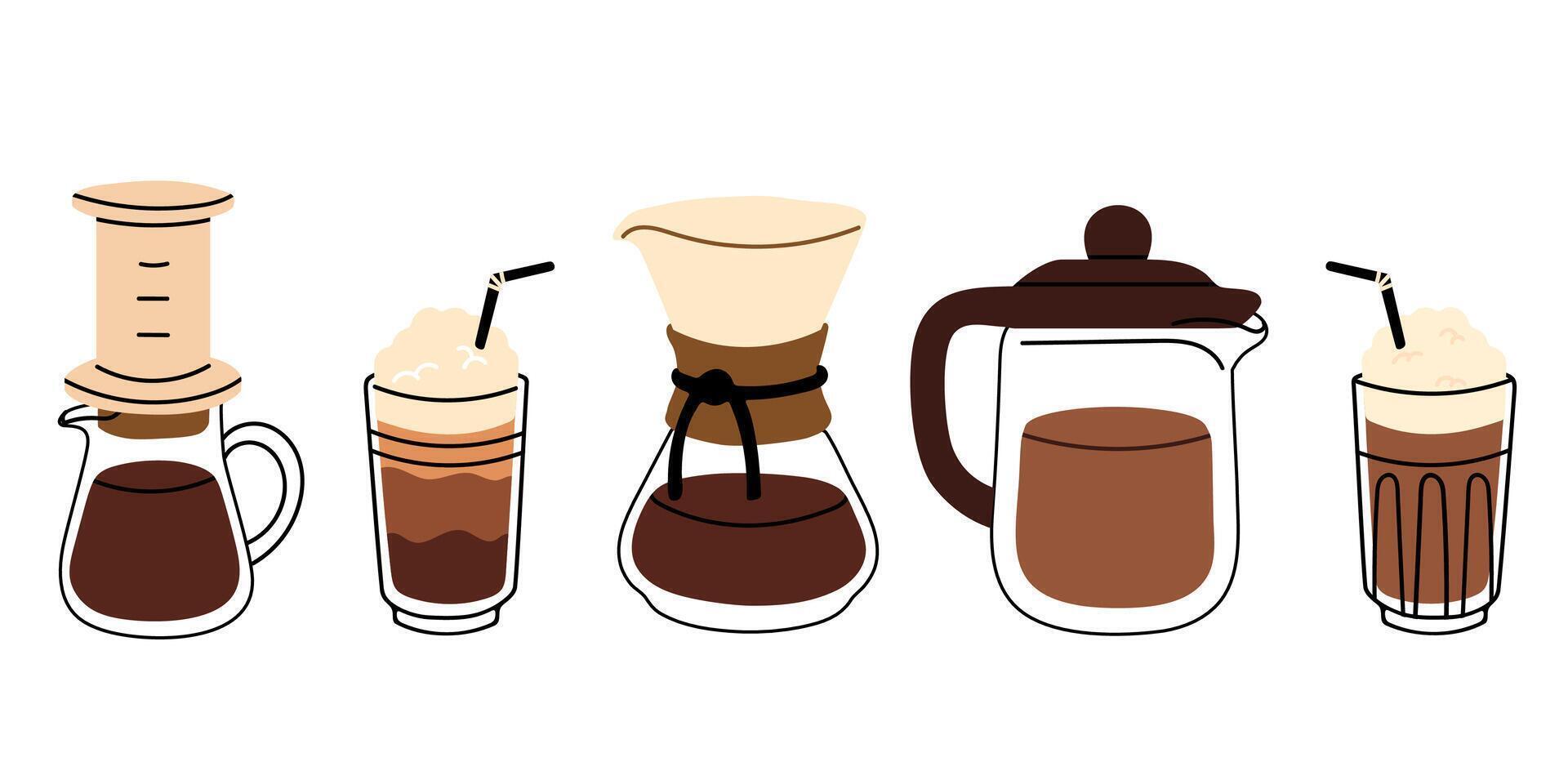 Coffee brewing tools, pour-over makers and iced drinks on white background vector