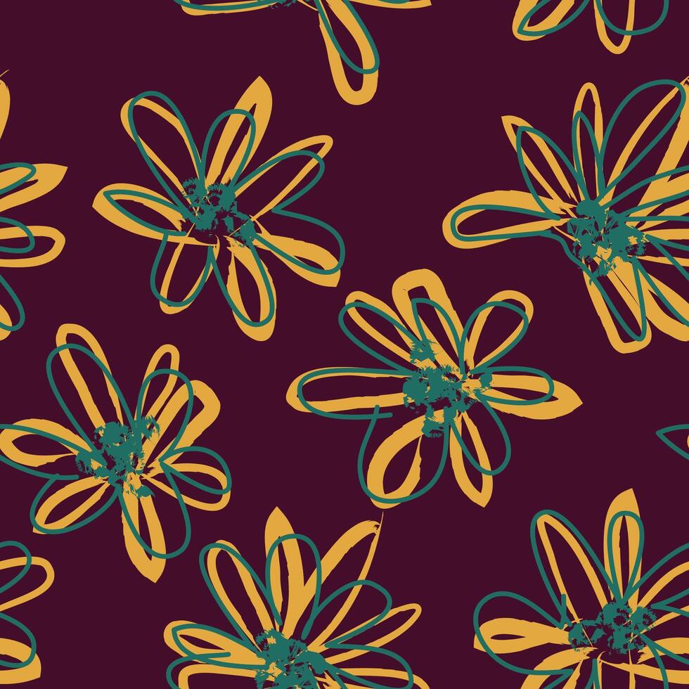 a pattern with yellow and green flowers on a dark background vector