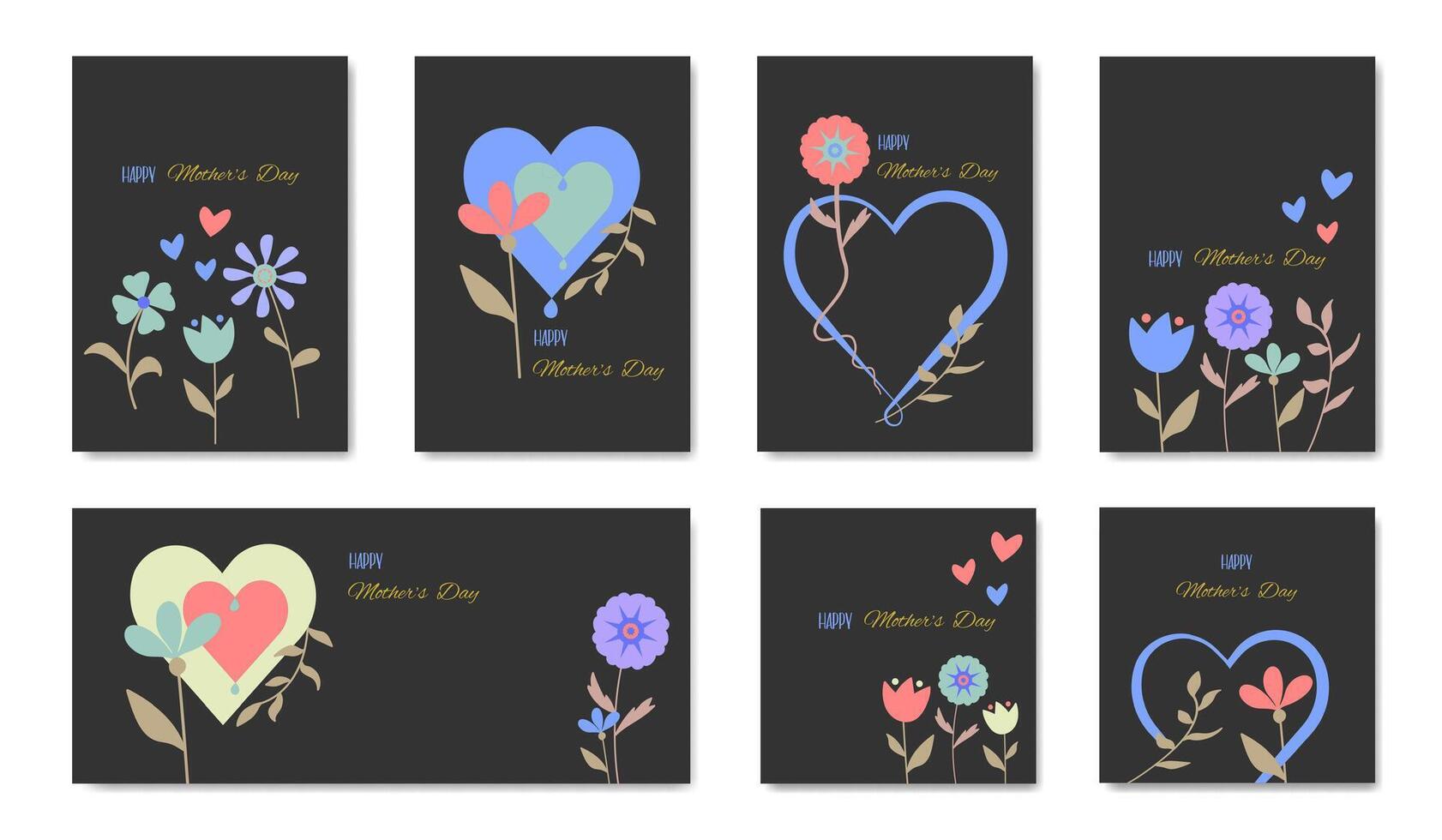 Set card of Happy Mothers Day, Modern flat design with flowers and hearts in pastel colors style. illustration on black background, copy space for text vector