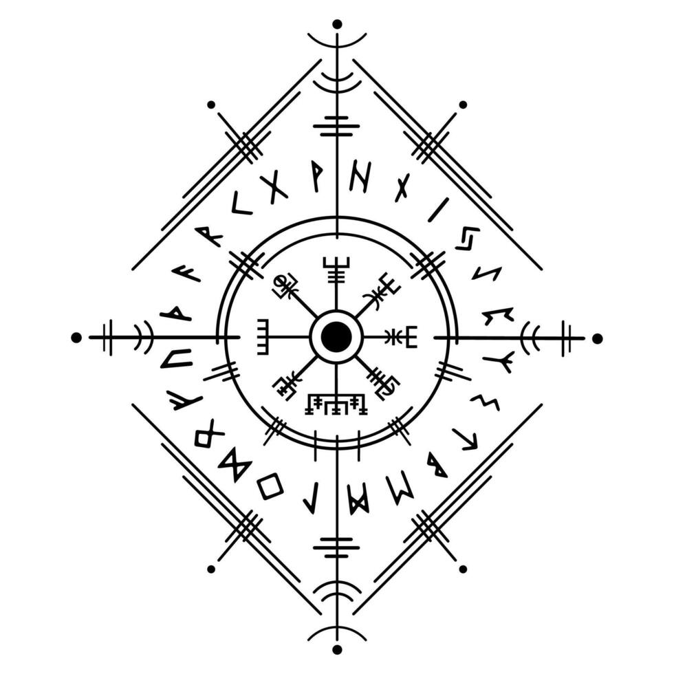 Vegvisir magic navigation compass, ancient viking runic alphabet, used many symbols in accordance to Norse mythology, widely used in Viking society. tattoo vector