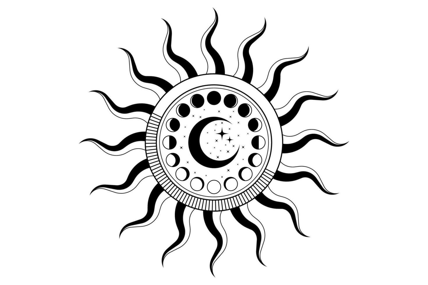 Mystical Sun and Celestial Moon Phases, magic esoteric circular orbit, Alchemy of the Crescent Moon, Sacred Geometry, Spiritual occultism logo, wicca pagan symbols isolated on white background vector