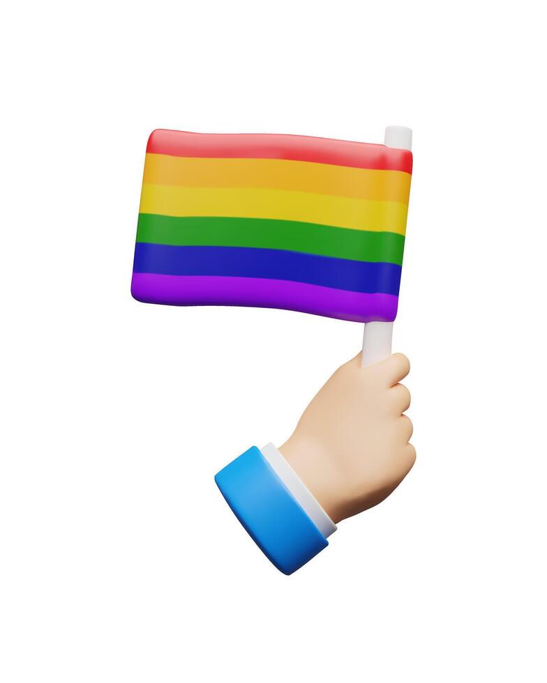 3d hand hold rainbow flag right. Pride month event celebration. Three-dimensional illustration about LGBTQIA rights. Gender equality concept. Sexual diversity. Support gay, transgender, bisexual vector