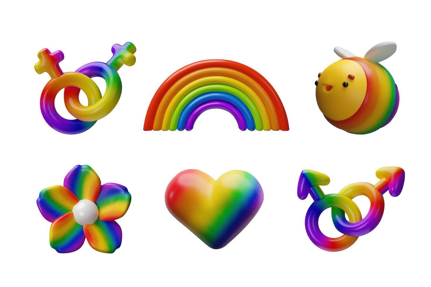 3d rainbow set of symbol of lesbian, gay, rainbow, bee, flower, heart. Three-dimensional illustration. Romantic symbol of communication between LGBTQIA people. Pride month. vector