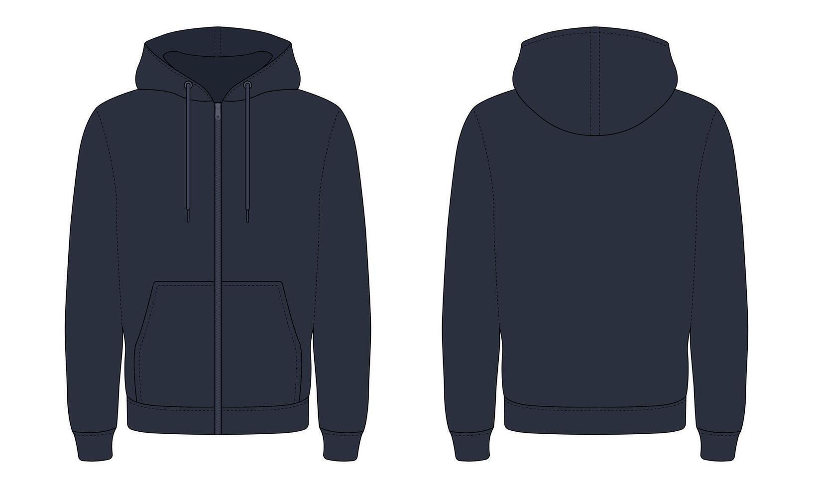 Navy Blue Zip-Up Hoodie Front and Back View vector