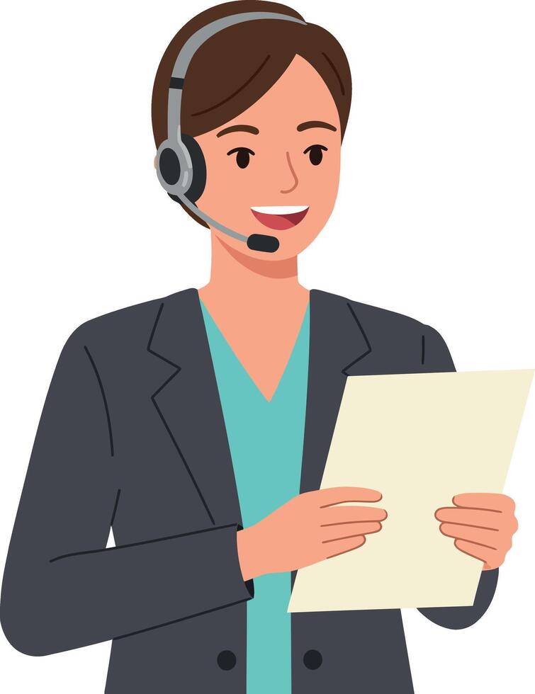 Customer service representative woman with headset reading document illustration vector