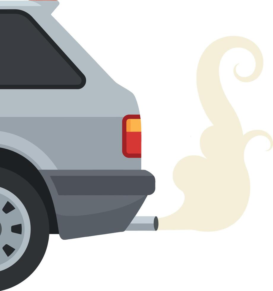 Car exhaust pipe emitting smoke pollution illustration in grey and black colors vector