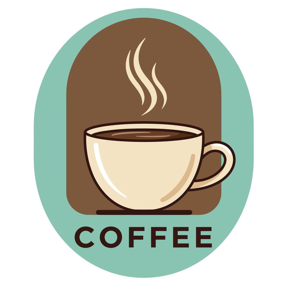 Coffee cup logo design with steam rising in brown and light green background illustration vector