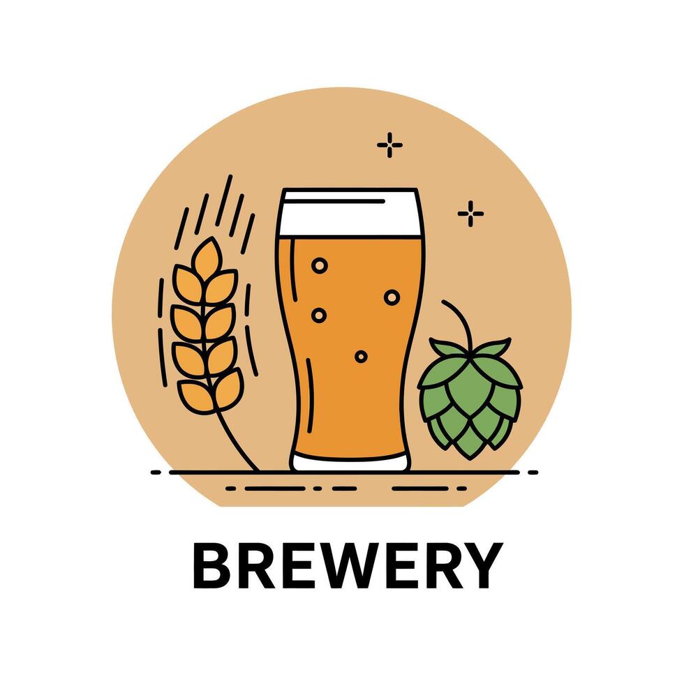 Brewery logo design with beer glass, wheat, and hop icon in orange background circle vector