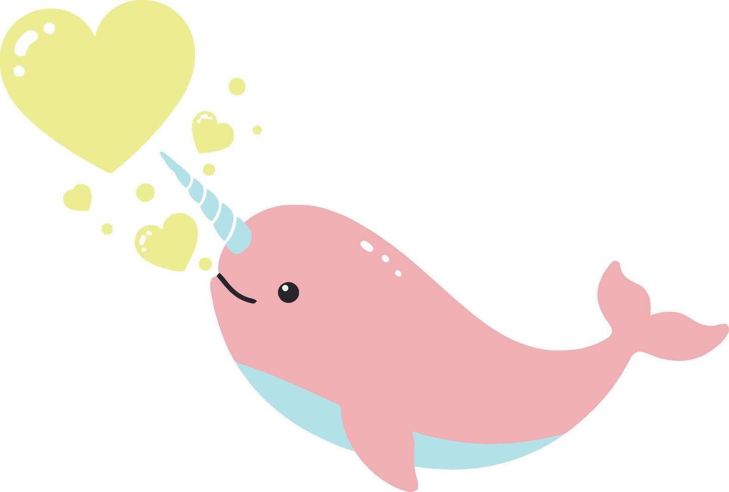 Pink narwhal blowing yellow heart bubbles cute sea animal illustration vector
