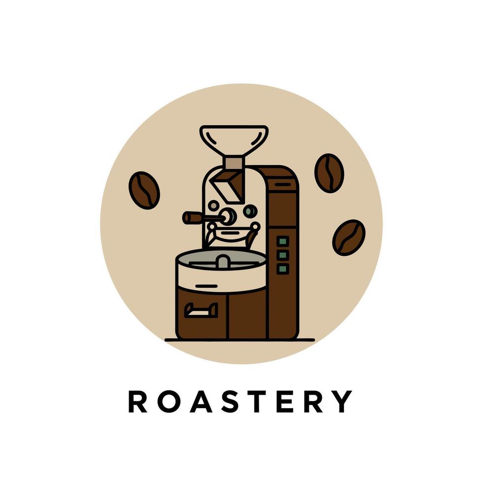 Coffee roastery machine logo design with brown coffee beans and beige circle background illustration vector