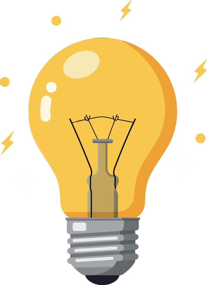 Light bulb illustration with glowing yellow filament and energy sparks design vector