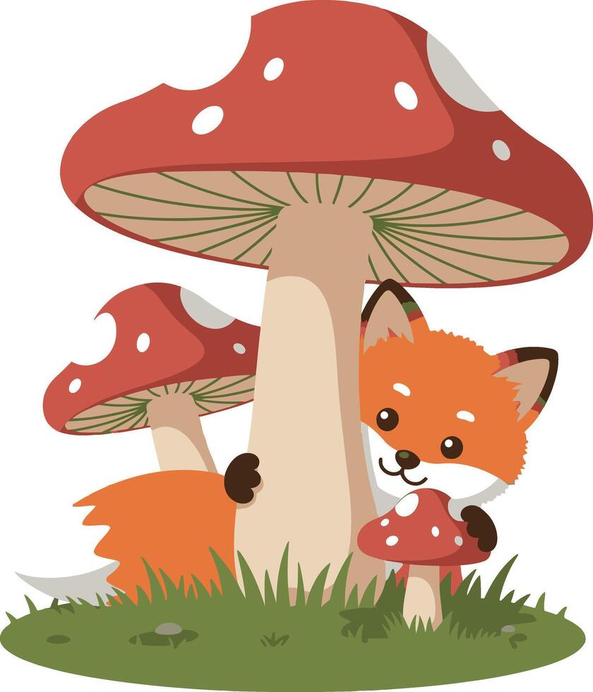 Fox hiding behind red mushrooms in grass illustration with cute animal scene vector