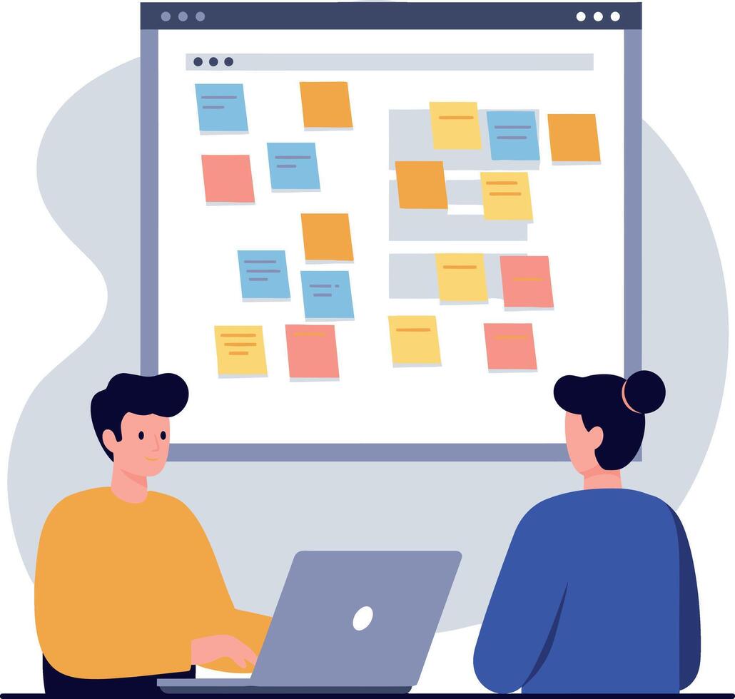 Two People Collaborating on Project with Sticky Notes on Screen Digital Workspace Illustration vector