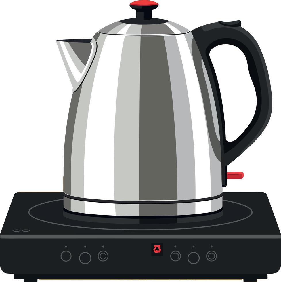 Electric kettle with black handle on induction cooktop kitchen appliance illustration vector