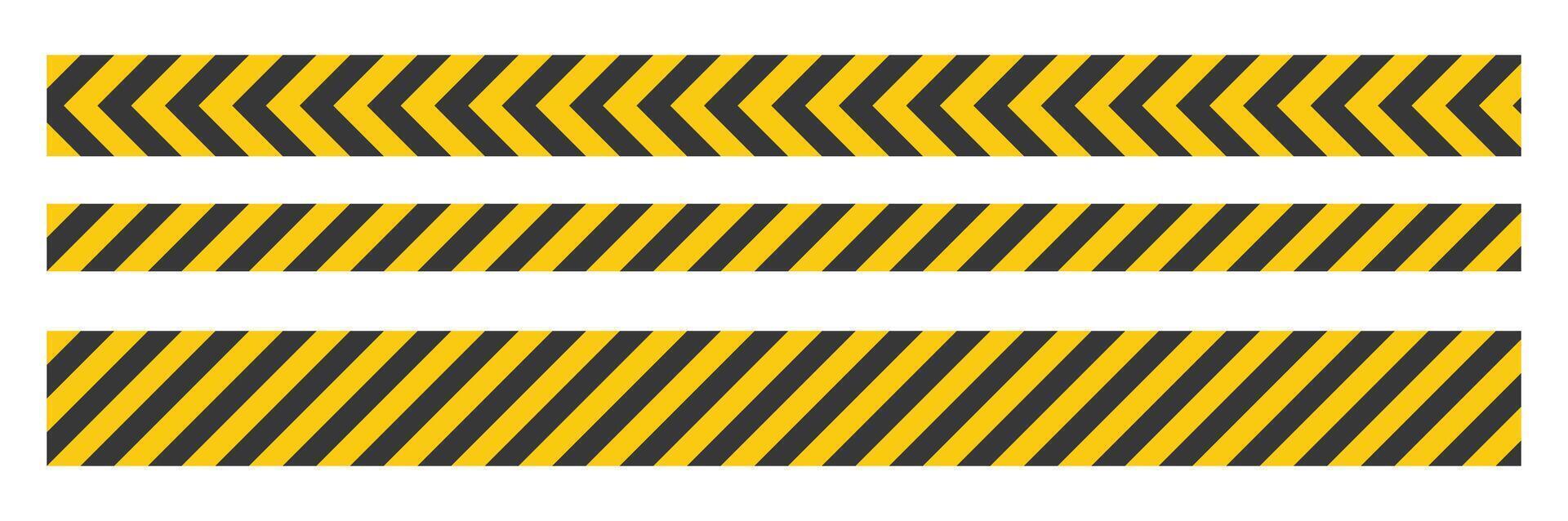 Set of yellow and black caution tapes. warning ribbons with diagonal and arrow stripes. Construction barrier tapes for safety, hazard, restricted area, and attention signage design. vector