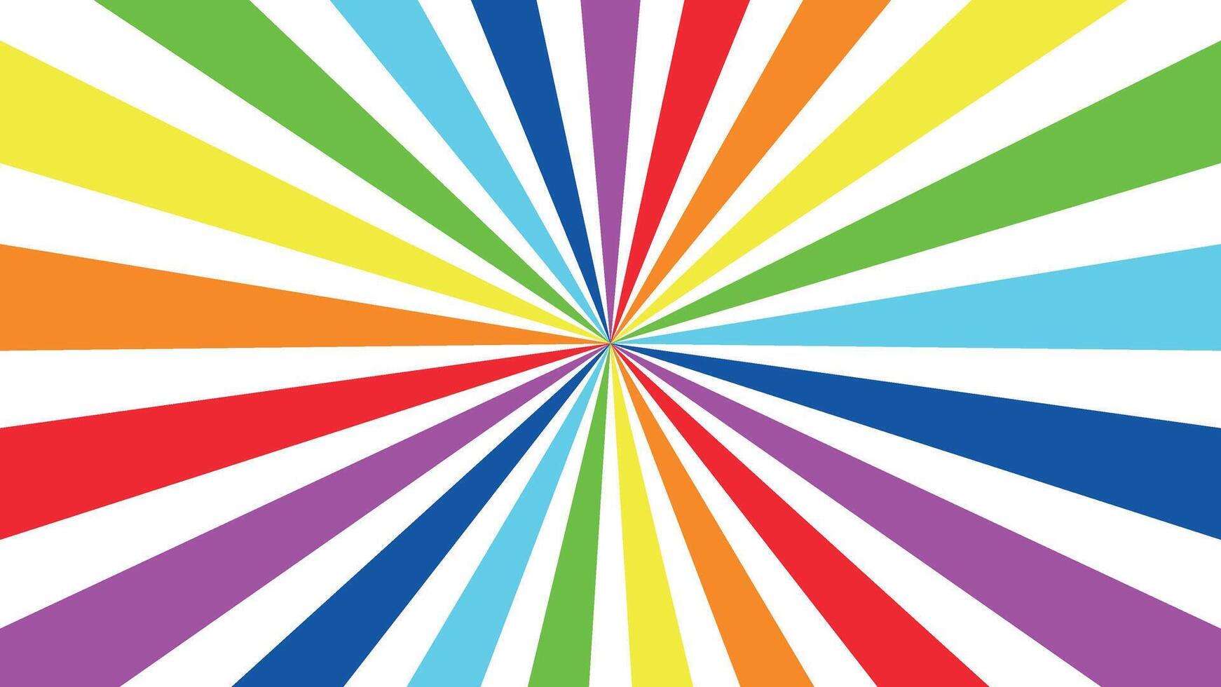 Rainbow rays. Colorful radial burst background. Vibrant rainbow rays spreading from center in pop art style. Abstract sunbeam explosion pattern for party, poster, comic, or retro design. vector