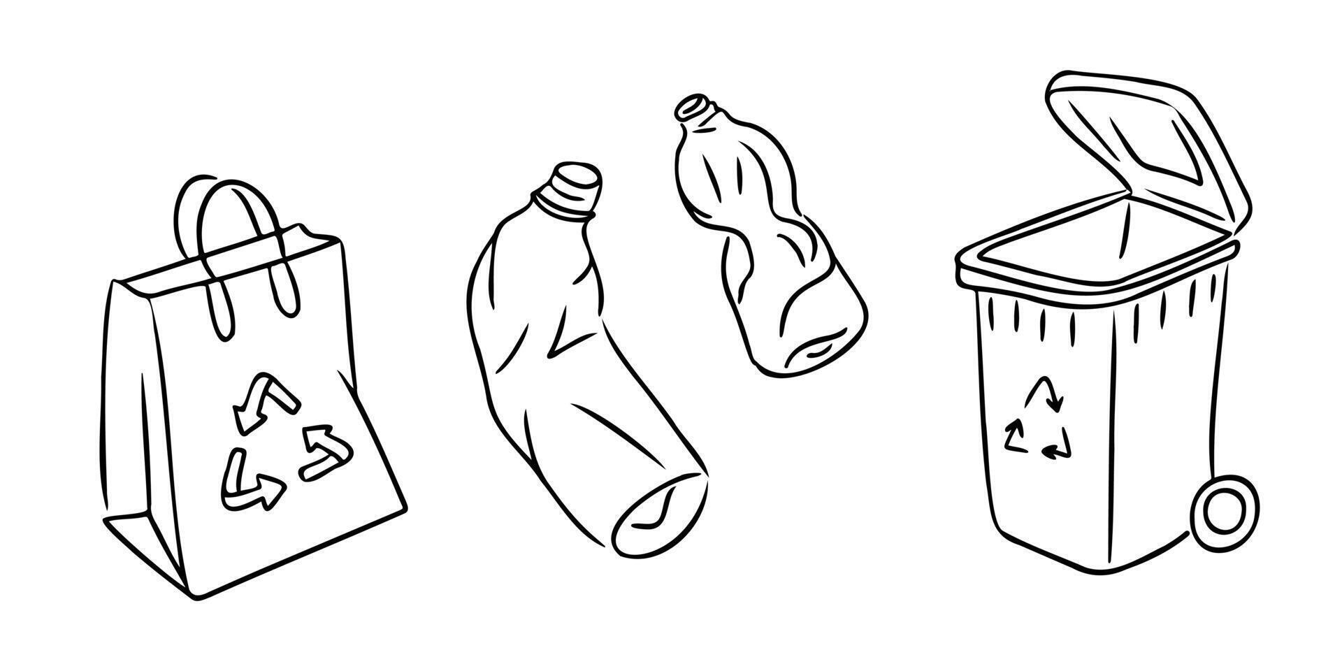 Recycling doodles with eco bag, plastic bottles and trash bin outlined on white background. Eco friendly hand drawn for sustainability projects, waste management and green lifestyle promotion vector
