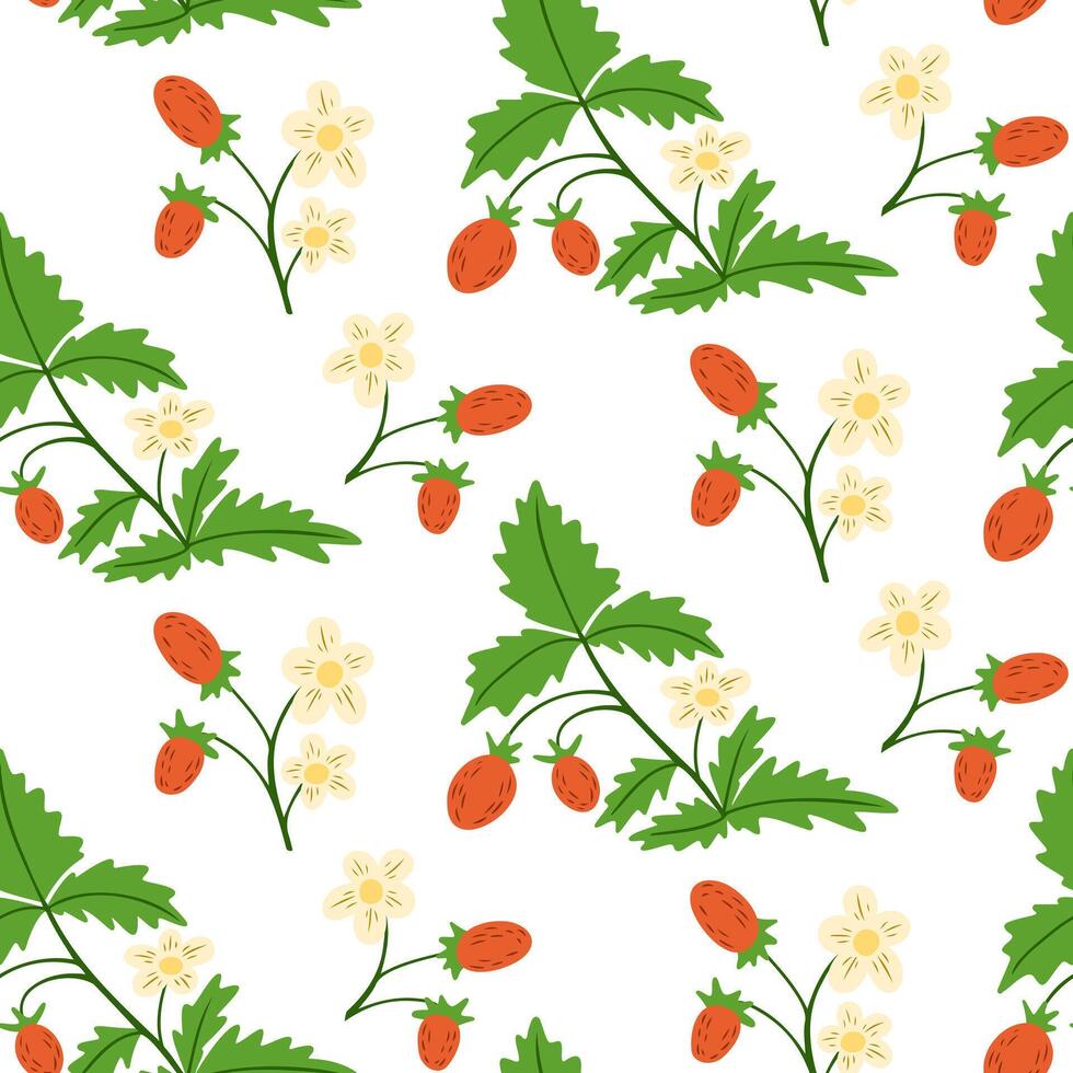 Seamless pattern with wild strawberries, green leaves and small white flowers on white background. Fresh hand drawn for natural designs, summer themes, wrapping paper and botanical projects vector