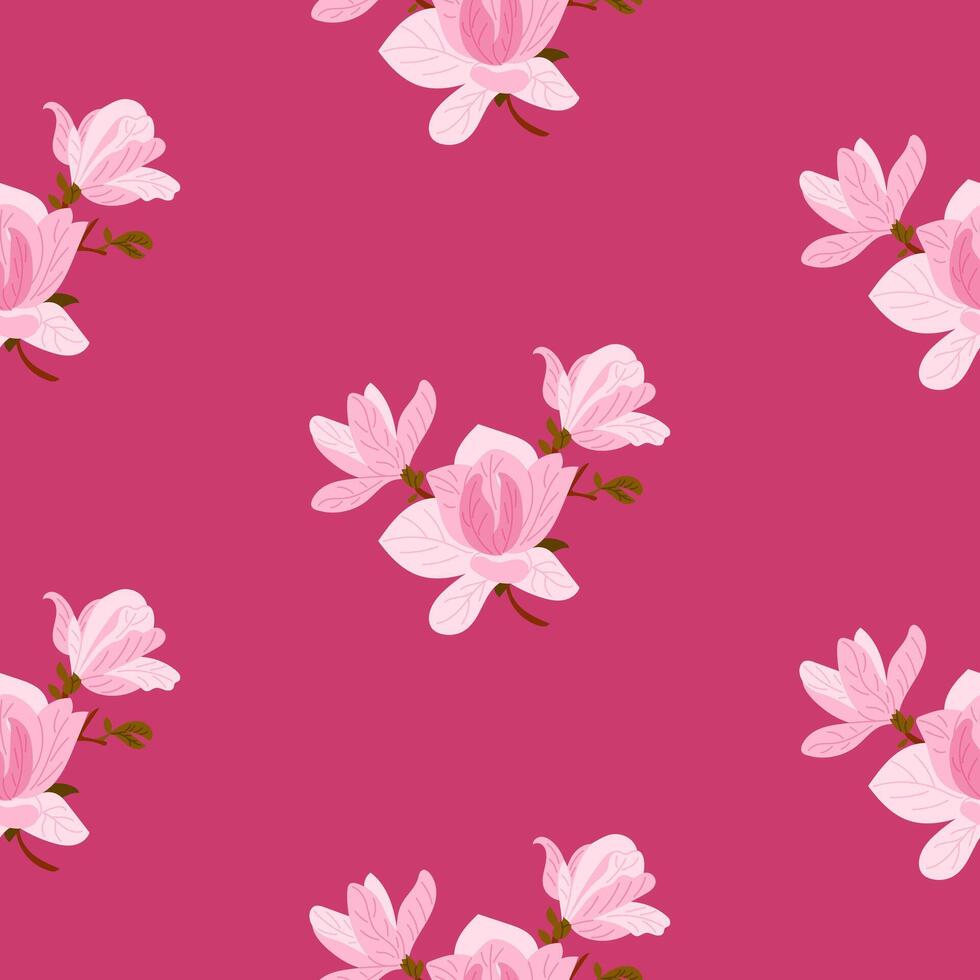 Seamless pattern with pink magnolia flowers on deep rose background. Floral design representing elegance, nature, and romantic style vector
