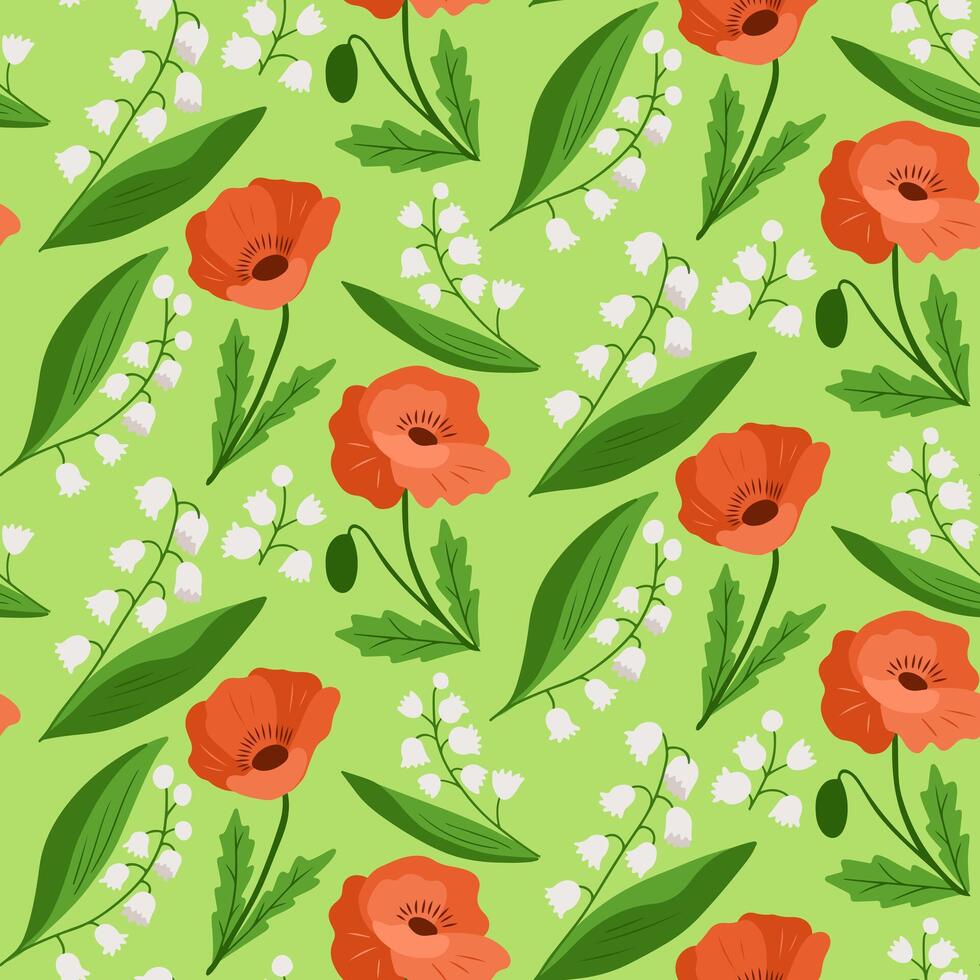 Seamless floral pattern with red poppies and lily of the valley on green background. Botanical design symbolizing spring freshness, beauty, and harmony vector